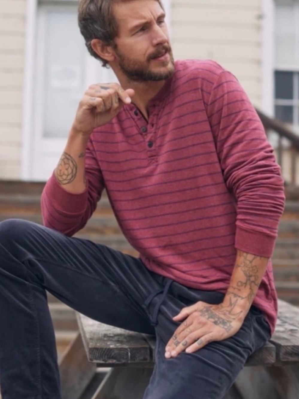 Marine Layer Double Knit Easy Stripe Rhubarb Navy Henley Long Sleeve Tee